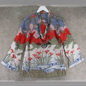 Hale Bob Cabana Silk Cotton Blend Long Sleeve Tunic Multicolor Top Size M